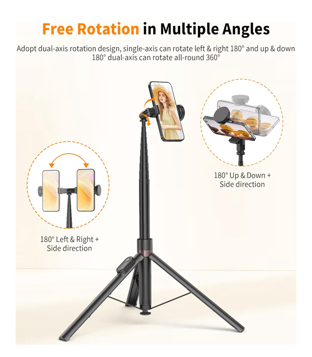 TONEOF 66" Automatic Tripod Selfie Stick, Auto-Open Phone Tripod Stand with Magnetic Rechargable Remote, 360° Double Axes Rotatable Travel Monopod,Stable SmartphoneTripod for iPhone/Android-Black