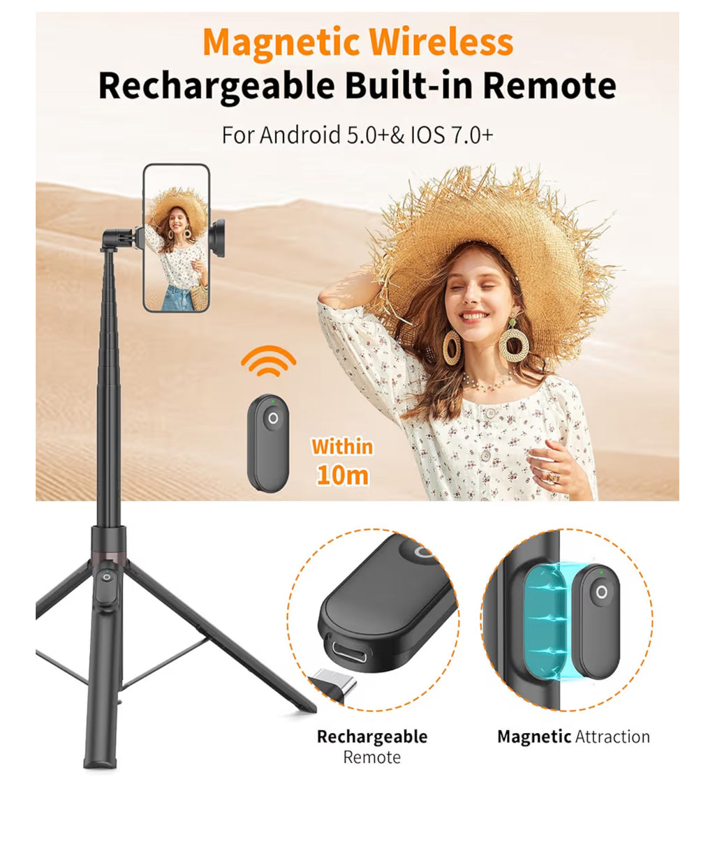 TONEOF 66" Automatic Tripod Selfie Stick, Auto-Open Phone Tripod Stand with Magnetic Rechargable Remote, 360° Double Axes Rotatable Travel Monopod,Stable SmartphoneTripod for iPhone/Android-Black